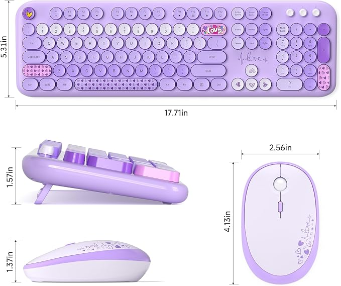 MOFII Wireless Keyboard and Mouse Combo, Cute Retro Typewriter Keyboard and Silent Mouse, 2.4GHz Full Size Computer Keyboard Wireless Mouse Set for PC, Laptop, Desktop, Windows (Purple Colorful)