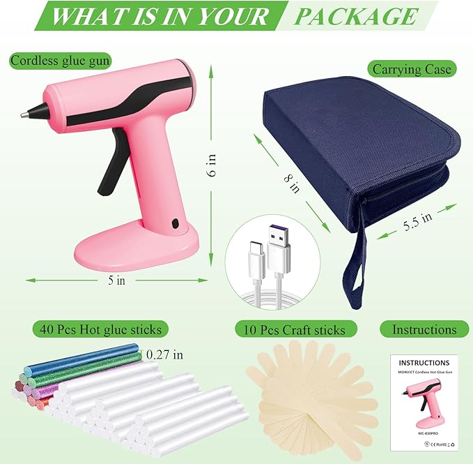 MONVICT Cordless Hot Glue Gun Kit, USB-C Rechargeable Mini Pink Glue Gun with 40 Pcs Premium Glue Sticks, 10 Pcs Craft sticks, Carrying Case, Smart Power-Off Hot Melt Glue Gun for DIY Craft Gift