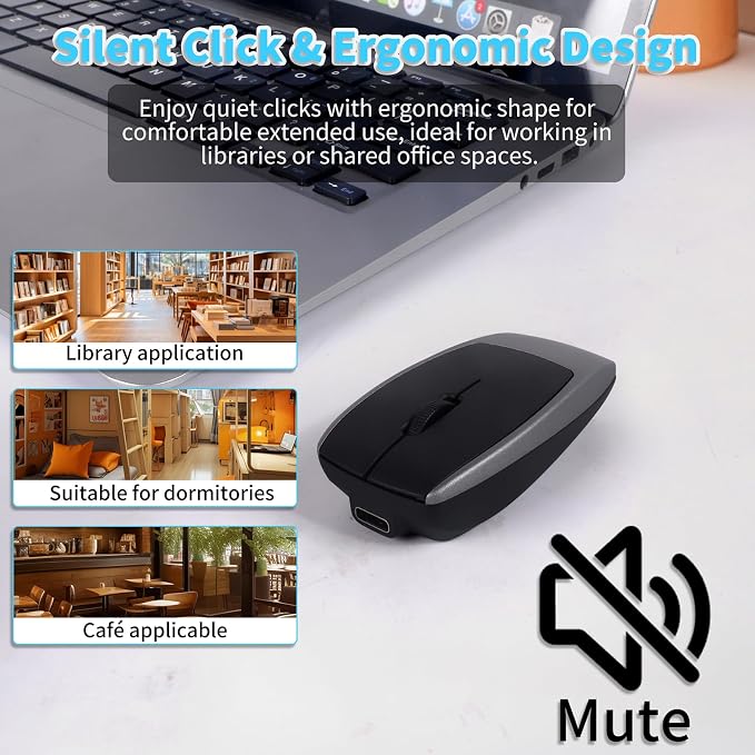 Mini Bluetooth Wireless Mouse with TF Card Reader, Rechargeable, Silent Click, Portable for Laptop, PC, Travel, Office & Home Use (Grey)