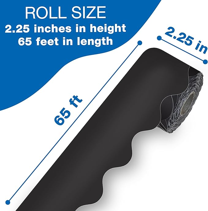 Carson Dellosa Education 65Ft of Black Bulletin Board Borders, 1 Roll of Scalloped Trim for Rolling Whiteboard, Cork and Posterboard, Party, Office Decorations, and Classroom Decor