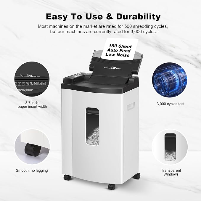 Wingwise 150 Sheets Auto-Feed Micro Cut Paper Shredder for Home Office | P-5, 60 Mins Runtime, 6 Gallons, Shreds CDs & Credit Cards