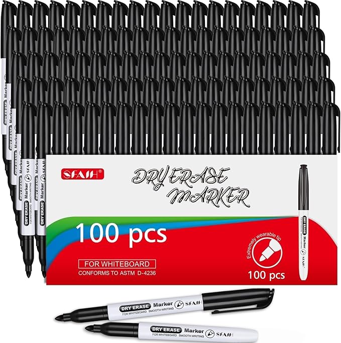 SFAIH Fine Tip Dry Erase Markers, Black, 100 Pack | Bulk Pack for Offices, Universities, Meetings & Corporate Training | Low-Odor Whiteboard Markers