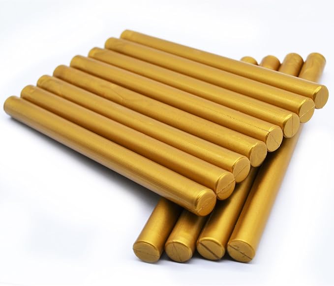 Brass Gold Glue Gun Sealing Wax Sticks - Pack of 12 - Making Wax Seals for Letter Thanks Card Envelope, Wedding or Event Party Invitation, Gift Wrapping | 0.4-inch diameter sticks, Use to make wax seals, Decor for wedding invitations, Envelope, Card, M...