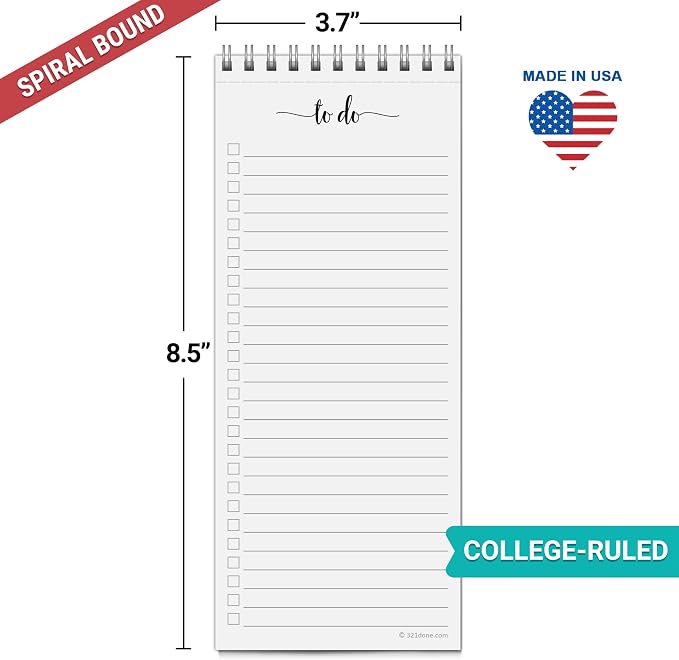 321Done Spiral Bound Skinny To Do List Notepad, 3.7x8.5 Inches, 50 Sheets | Made in USA - Slim Daily Checklist Notebook for Tasks, Errands and Groceries, College Ruled, Thick Bright White Paper