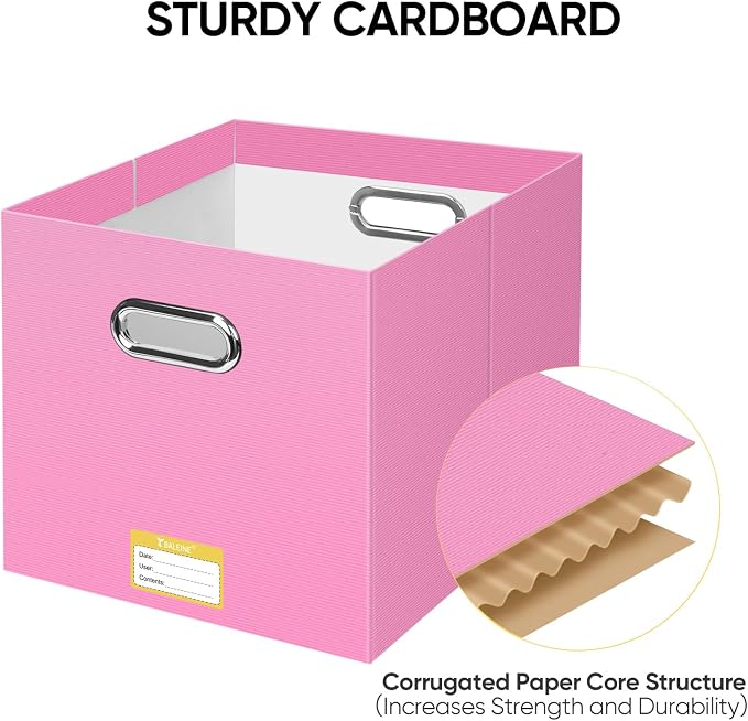BALEINE File Organizer Box, Cardboard File Folder Organizer with Handle for Letter Size, Portable Collapsible Hanging Filing Box for Home Office Document Storage (4 Pack, Large Pink)