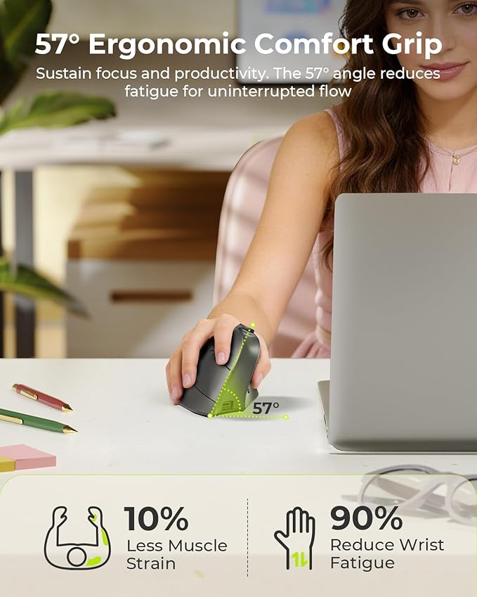 seenda Ergonomic Mouse Wireless, MOU-302 Bluetooth Vertical Mouse Rechargeable, Optical Mice with 1000/1600/2400 DPI, Volume Knob, 3 Multi-Device Connectivity for Computer/PC/Laptop/Mac, Black