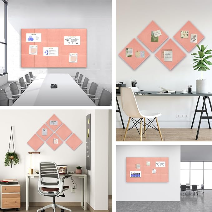 36" x 24" Large Felt Bulletin Board 1/2" Thick, Pink | 6 Pack Felt Tiles, Cork Board Alternative, 30 Adhesive Tabs, Pin Board for Home Office Decor with Easy Install