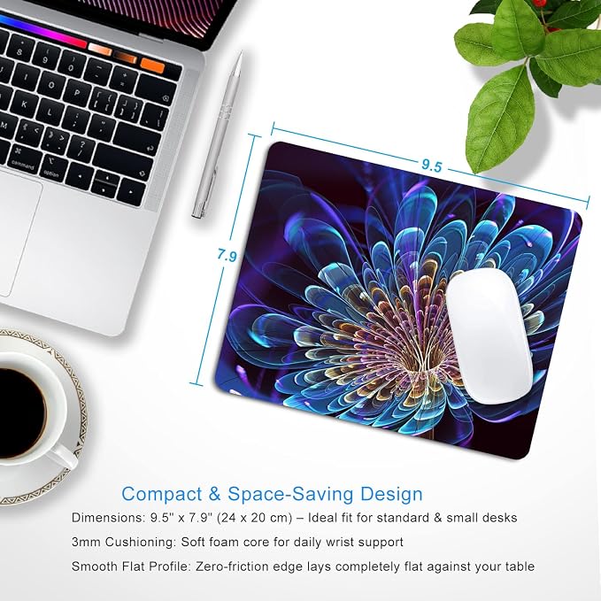 3D Flower Mouse Pad, 9.5"x7.9" Non-Slip 3mm Abstract Desk Mat | Personalized printed square mousepad with 3D flower. Clean-cut flush edges & premium smooth cloth for gaming or office.