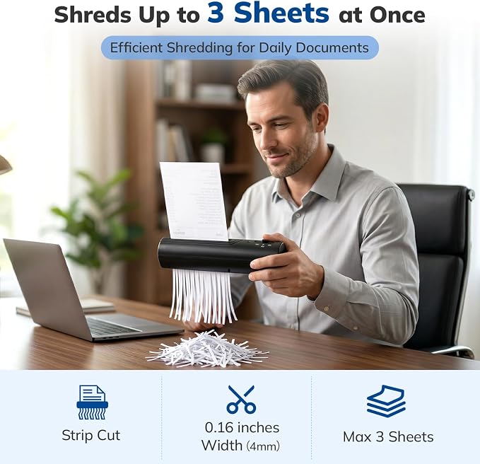 Mini Paper Shredder, Portable Paper Shredder for Home, 3-Sheet Strip Cut 4mm, Compact Paper Shredder with Forward & Reverse and Overheat Protection, Small Shredder for Desk and Home Office (L, Black)