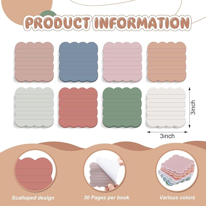 Eaasty 8 Pack Scalloped Sticky Notes Lined 3" X 3" Vintage Memo Pads | Vintage Aesthetic Wavy Edges, Self-stick for School Office Desk, 240 Sheets Bulk, Cute Design for Reminders Planning