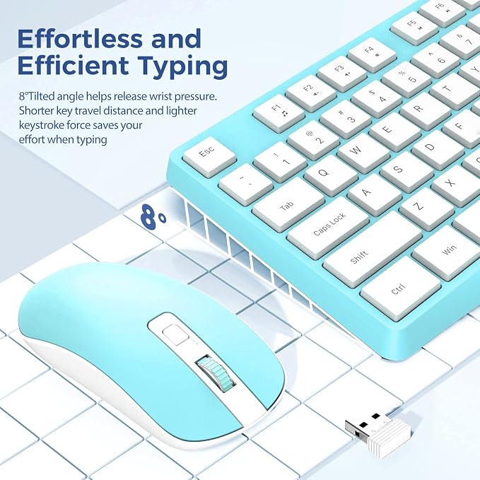 Wireless Keyboard and Mouse Combo, Lovaky 2.4G Full-Sized Ergonomic Keyboard Mouse, 3 DPI Adjustable Cordless USB Keyboard and Mouse, Quiet Click for Computer/Laptop/Windows/Mac (1 Pack, Blue) | Ergonomic, Low profile Keys, 3 DPI Adjustable, 2.4G Quiet...
