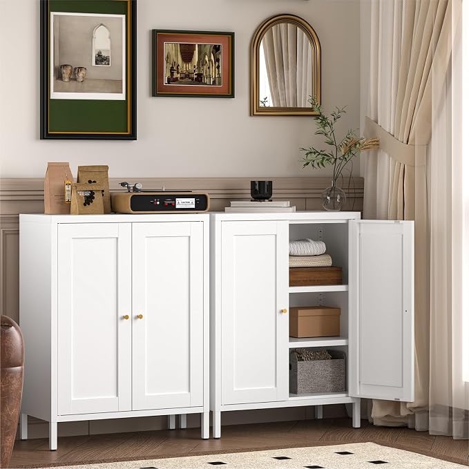 YAUWOH Metal Bathroom Storage Cabinet,Bathroom Floor Storage Cabinet with 2 Adjustable Shelves and 2 Doors,Freestanding Sideboard for Small Spaces, Living Room, Home Office, Dining Room,White
