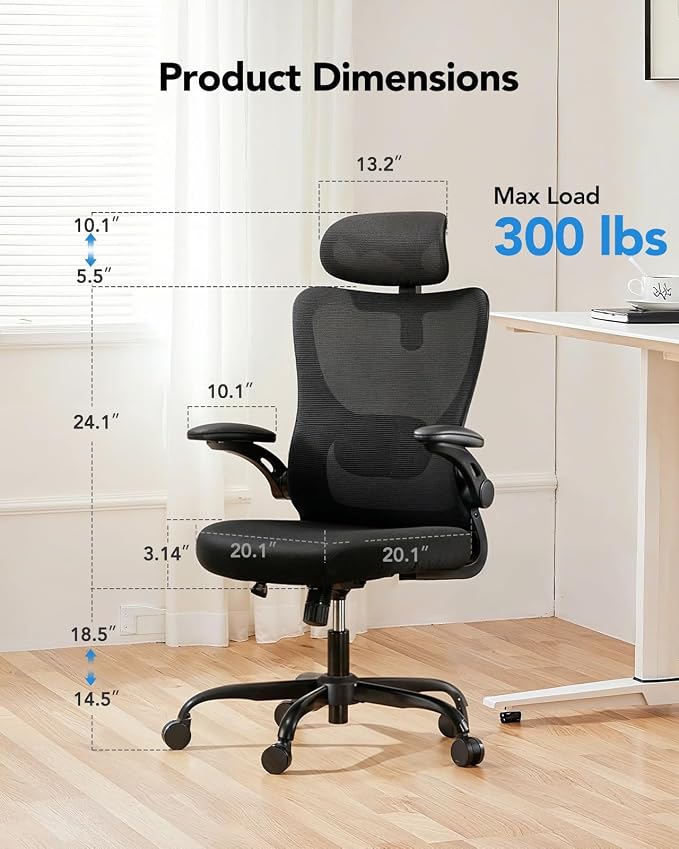 HUANUO Ergonomic Office Chair, High Back Computer Desk Chair with Adjustable Lumbar Support and Headrest, Comfy Gaming Chair with 3D Armrests, Home Office Rolling Chair, Max Load 300 lbs, Pack of 4