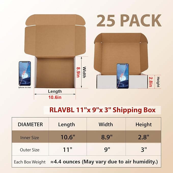 RLAVBL 11x9x3 Inches Shipping Boxes Set of 25, White Small Corrugated Cardboard Box, Mailer Boxes for Packing Small Business