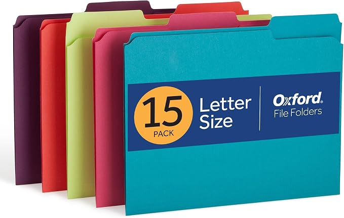 Oxford Colored File Folders, 15 Pack, 3 Tabs, 5 Bright Colors, Letter Size (8.5" x 11"), Color-Coding for School, Office & Home Document Organization