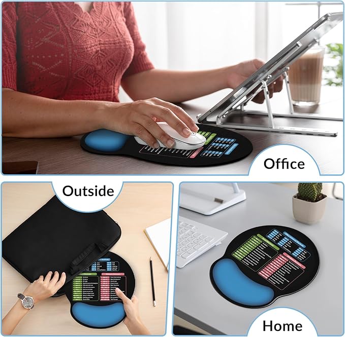 Ergonomic Mouse Pad with Wrist Rest, Small Excel Cheat Sheet Desk Pad with Windows & Office & Excel Shortcuts, Non-Slip Rubber Base Mouse Pads for Desk with Smooth Surface, Black Blue
