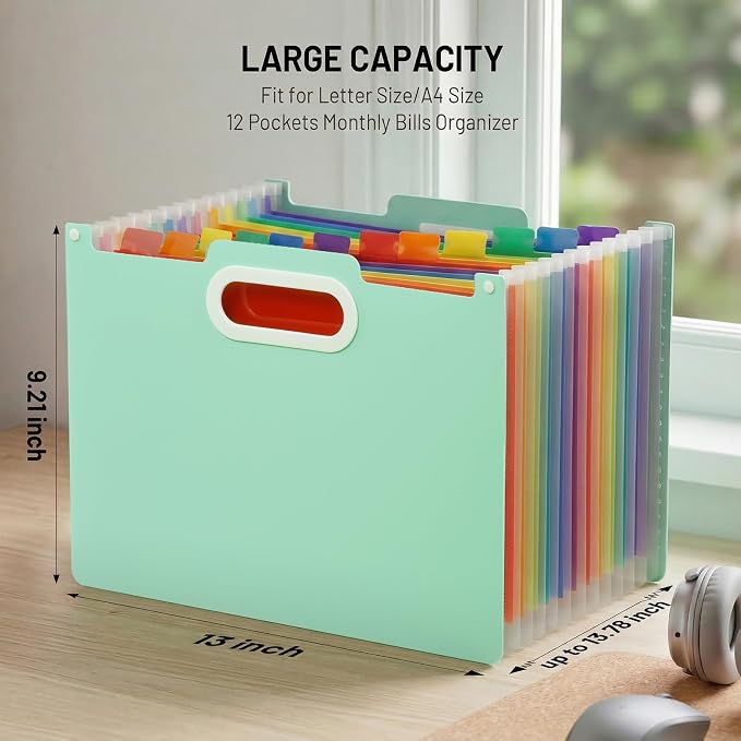 Comix Expanding File Folder,15 Pockets Accordion File Organizer, Green | Letter/A4 Size Document Organizer, For Home Office School
