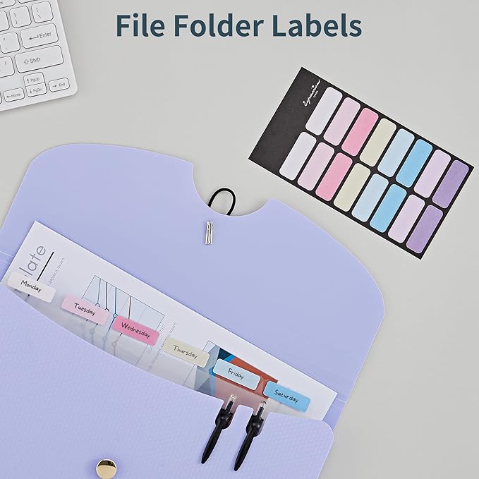 JARLINK 7 Pockets Expanding File Folder, A4 Size Accordion File Folders with 12 Labels, Cute Paper Organizer, Portable Document Organizer for Home College School Office Supplies, Macaron Purple