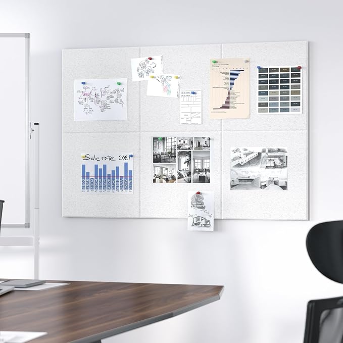 Large Cork Board for Wall, 36" x 24" Bulletin Board with Pushpins, 6 Panels Felt Tiles Tack Push Pin Board for Office, Silver Gray