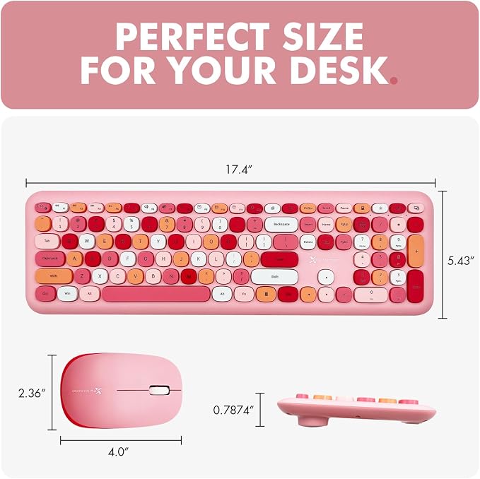 X9 Pink Keyboard and Mouse Wireless Combo - Retro Typewriter Keyboard and Mouse with Aesthetic Bubble Keys - Colorful Keyboard and Mouse Wireless for PC, Laptop, Windows, Chrome