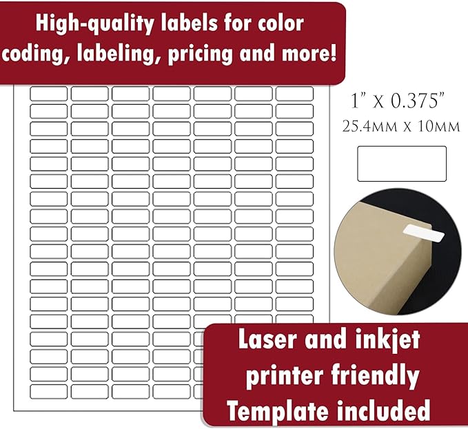 White Printable Labels Sheets + Bonus Color Labels White Rectangular Stickers (1" x 0.375") Produce Excellent Results with Standard Laser Printer-Template Included - 15700 Pack