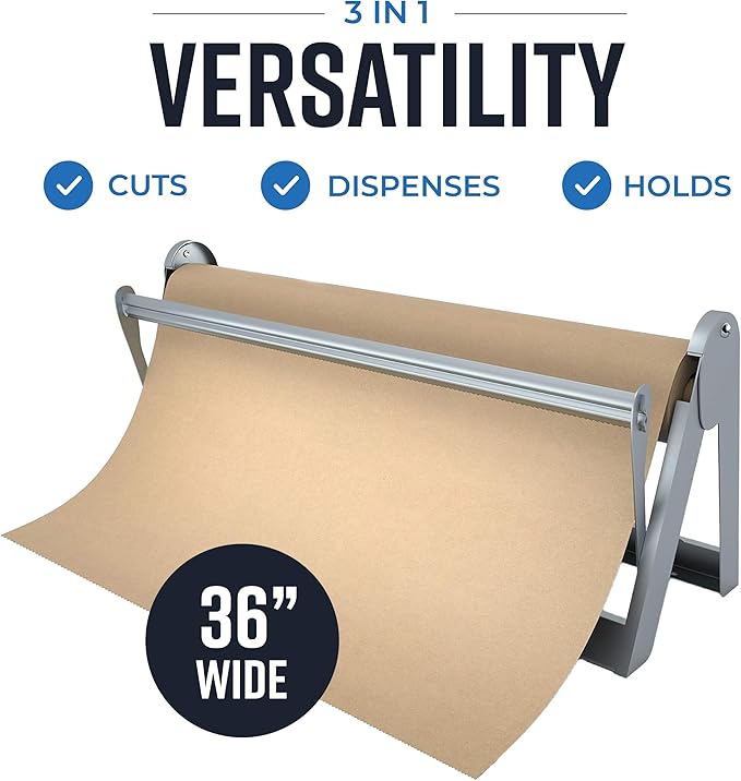 Bryco Goods - 36 Inches All Paper Roll Dispenser and Cutter Made of Heavy-Duty Steel Frame & Sharp Blade. Holds, Dispenses & Cuts. Wall Mountable & Non-Slip Tabletop. Up to 1000ft Rolls