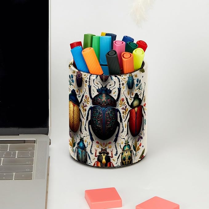 Leather Pen Holder for Desk, Circular Beetle Pencil Cup Pen Organizer Makeup Brush Holder for Office Home Kids Countertop Desk Accessory Storage