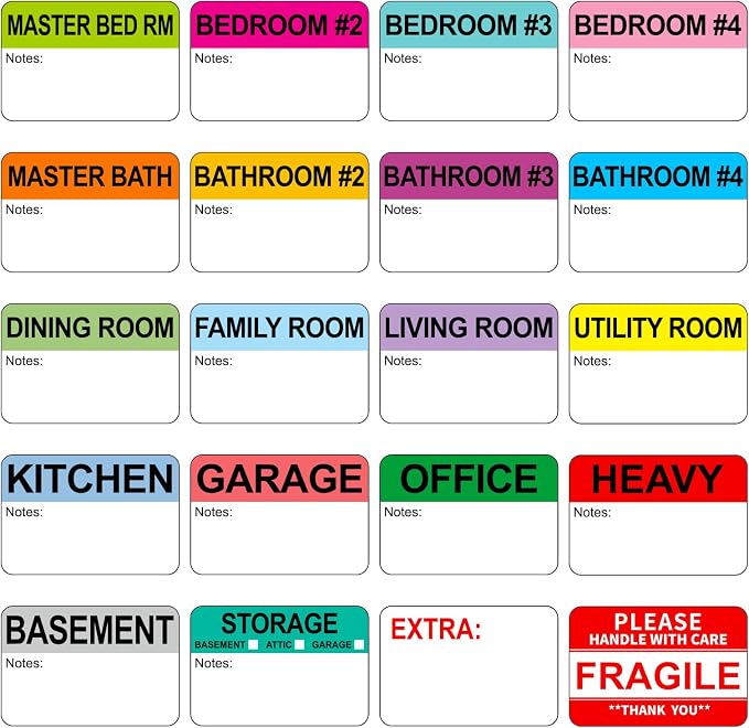 Each Measures 2” x 3”, 600 Writable Moving Labels for Boxes | 20 Designs, with Fragile/Heavy/Blank Labels+17 Color Coded Stickers for Boxes, Home Moving Packing Box Labels for 3-4 Bedroom