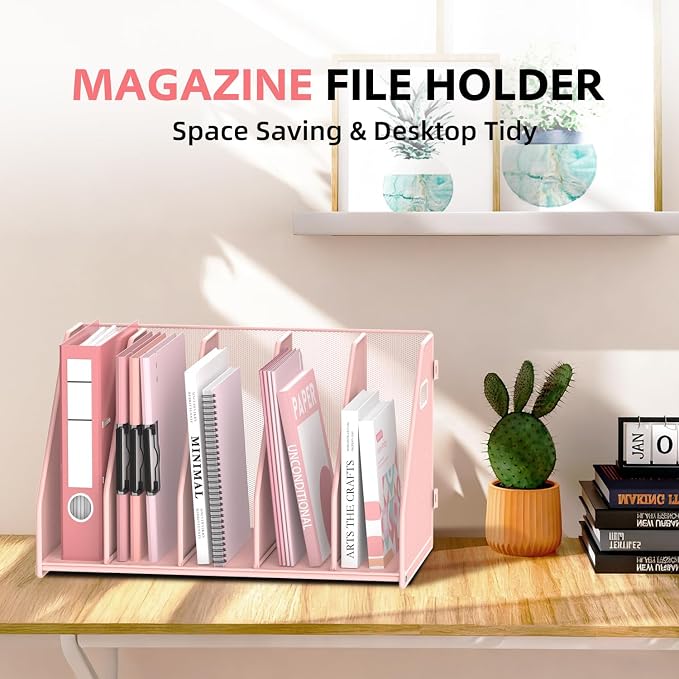 Binder Organizer, Magazine File Holder with 5 Vertical Rack, Pink | Metal Desk File Organizer & Binder Holders, Magazine Organizers for Office Desktop, Home, School, Classroom
