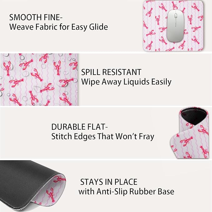 Mouse Pad for Desk with Stitched Edge, Premium Cute Washable Mouse Pads. Computer Mousepad with Non-Slip Rubber Base, Mousepads for Laptop, 9.25x7.75x0.12 inch (Crayfish Waves)