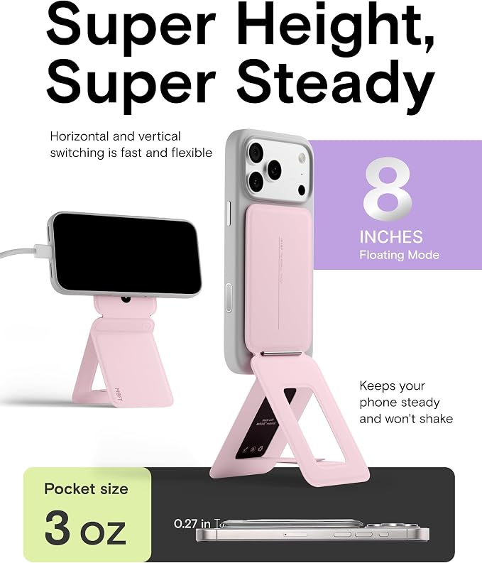 MOFT Phone Stand, Magnetic Phone Tripod Stand Stain-Resistant MOVAS Leather & Angle Adjustment & Strong Magnets Tripod for iPhone 17/16/15/14/13/12 (Included Metal Ring)-Light Pink