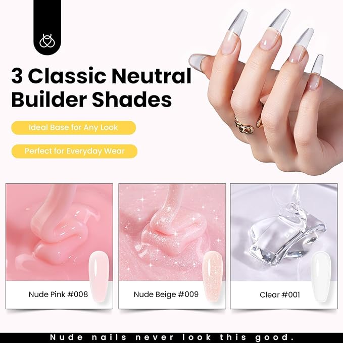 Beetles Hard Gel for Nails Kit,3 Colors Clear Nude Glitter Sculpted Gel, Nail Extension,Sculpting,with Long Square Half Cover Nail Tips for Salon Pros Women,Nude Pink&Clear Builder Gels,UV&LED Cured