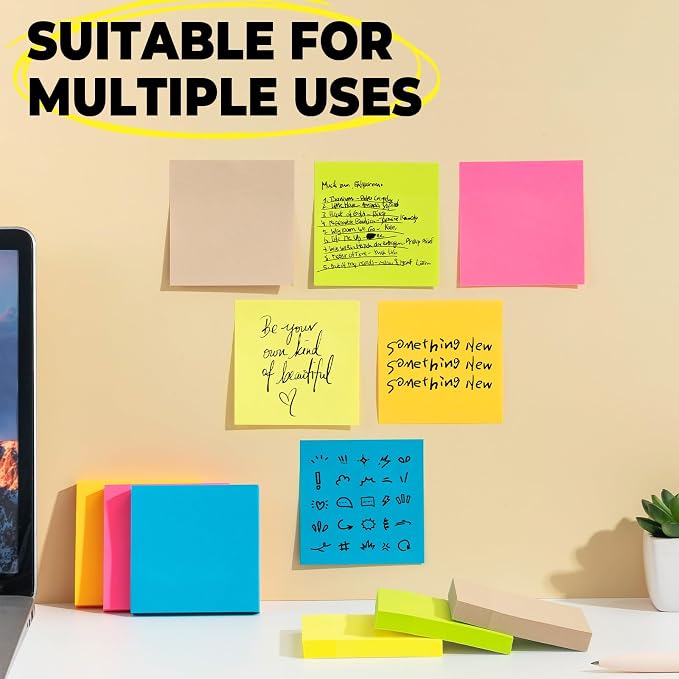 M&G 24 Pads Sticky Notes 3x3 Inch Self Sticky Notes 6 Bright Colors Easy to Stick Office and School Supplies for Home, Desk, and Notebook Use, 100 Sheets/Pad