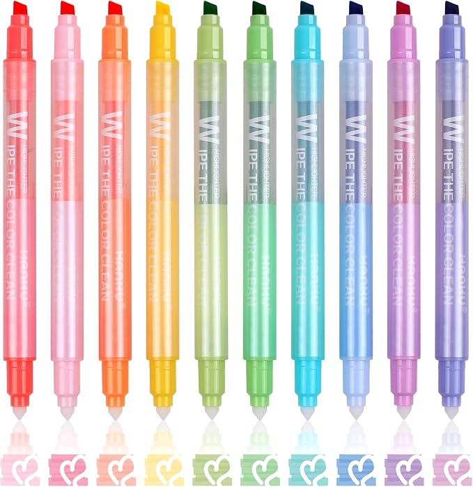 HANKU Erasable Highlighters, 10 Assorted Pastel Colors, Dual Tip Markers | 10 Cute Erasable Marker Pens, Pastel Shades, No Bleed, for Journaling, Planners, Bible Study, School Office Supplies