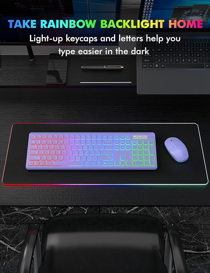 Wireless Keyboard and Mouse Combo with RGB Backlit, Rechargeable | Light Up Letters, Full-Size, Soft Typing, Sleep Mode, 2.4GHz Quiet Keyboard Set for Mac, Windows, Laptop, PC, Trueque KM42Pro