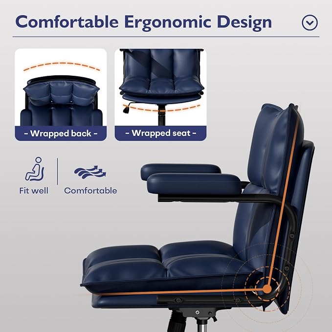 Mid Century Modern Desk Chair, Vintage Leather Office Chair, Blue | Petite Computer Chair for Small to Medium Women, Thickened Back, Cozy Seat, Adjustable Height for Home