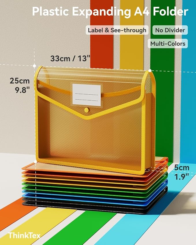ThinkTex Plastic Expanding File Folder, Transparent envelopes with Snap | No Dividers,Large Capacity,Document Organizer for Receipts, Bills&Taxes,Letter/A4 Size for School/Office/Home-10 Pack