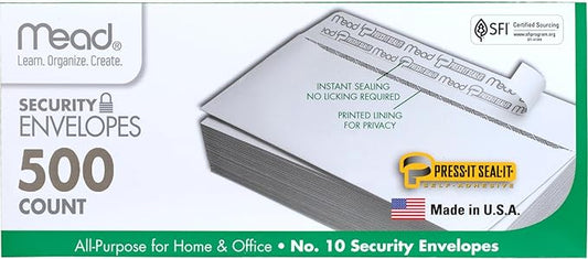 Mead #10 Security Business Envelopes Letter Size 4-1/8" x 9-1/2" – Peel and Seal, Privacy Lined, No-Window, Press-It Seal-It Self-Adhesive for Home & Office Mailing, 500 Count (740010)