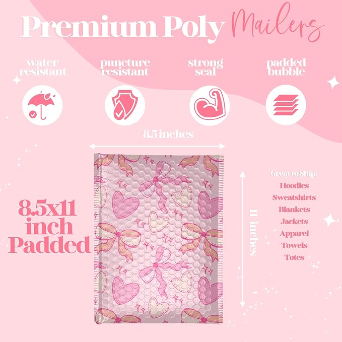 Designer Bubble Mailers 6x9, Pink Coquette, 50 Pack | Heavy Duty, Waterproof, Self Seal, Tear Resistant, Bubble Mailing Envelopes for Small Business Packaging