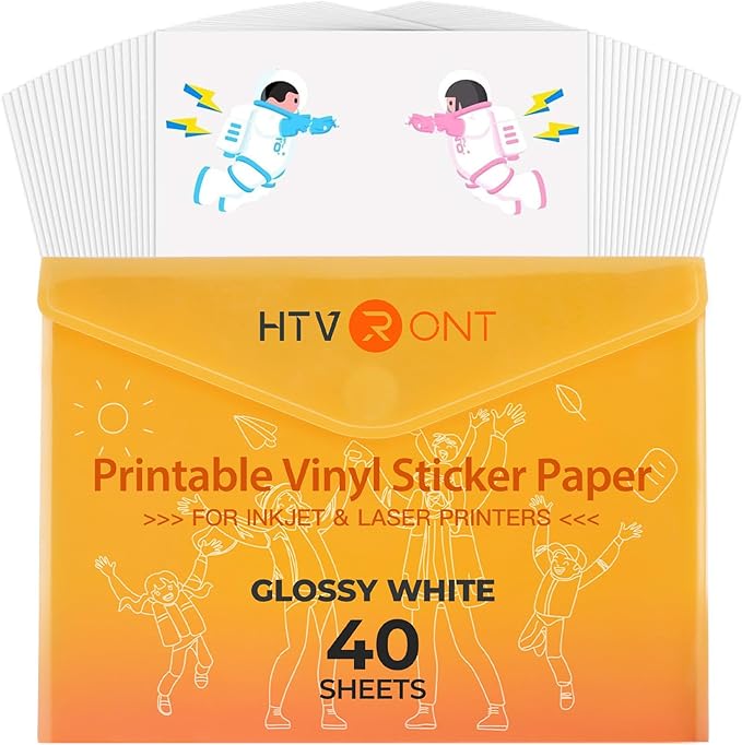 HTVRONT Printable Vinyl for Inkjet Printer & Laser Printer - 40 Pcs Glossy White Waterproof Printable Vinyl Sticker Paper, 8.5"x11"