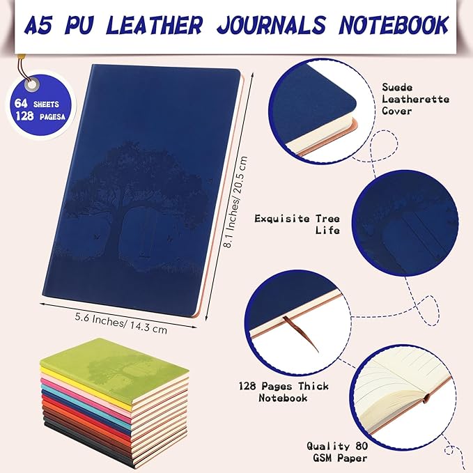 TaoBary 60 Pcs Employee Appreciation Gift A5 PU Leather Journals Bulk Colorful Tree Lined Journal Notebook Soft PU Leather Cover Ruled Writing Notebook for Office School Teacher Nurse (Assorted Colors)