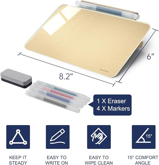 Small Desktop Whiteboard - Glass Dry Erase Board 8 X 6 Inches Tabletop Easel Whiteboard with Stand, Desk Board Buddy for Artist, Teacher and Student - Golden