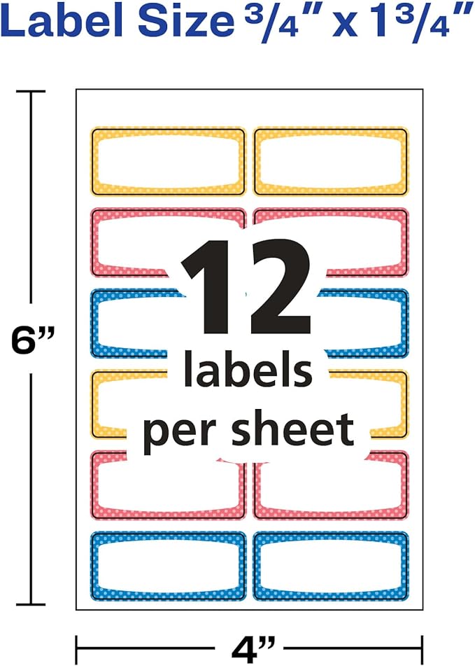 Avery Durable Labels for Kids' Gear, 3/4" x 1-3/4", Assorted Border Colors, Water-Resistant Labels, 60 Total (41442)