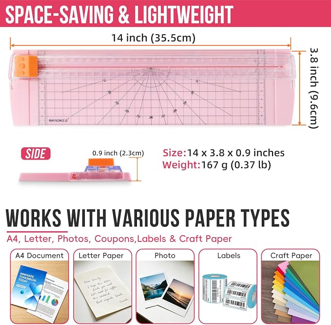Rayson Paper Cutter Trimmer, A4 Size, 12" Craft Cutter, Light Pink | A4 12" paper trimmer for coupons, craft paper, photos and DIY projects; compact light pink design.