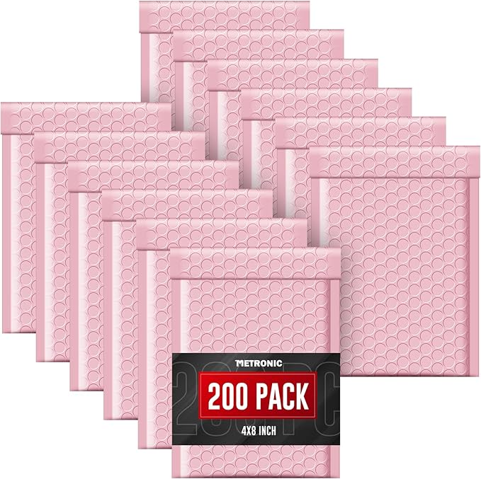 METRONIC 4x8 Bubble Mailers 200Pack, Waterproof Light Pink Padded Mailers, Self Seal Padded Envelope for Small Business Packaging Supplies Bubble Mailer Usable Size 4x7