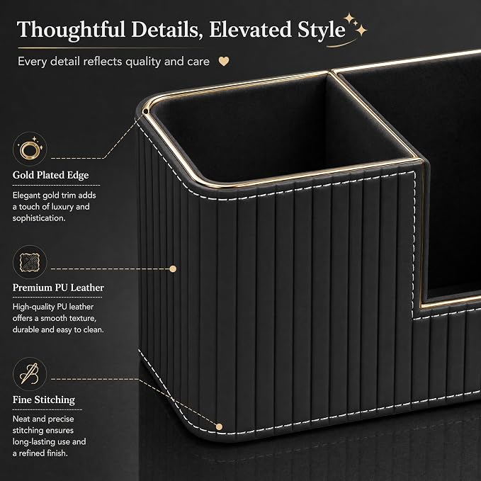 Luxury Black PU Leather Desk Organizer with Gold Trim, Premium Pen Holder for Desk Accessories, Modern Office Supplies Organizer for Home Office Desk Decor