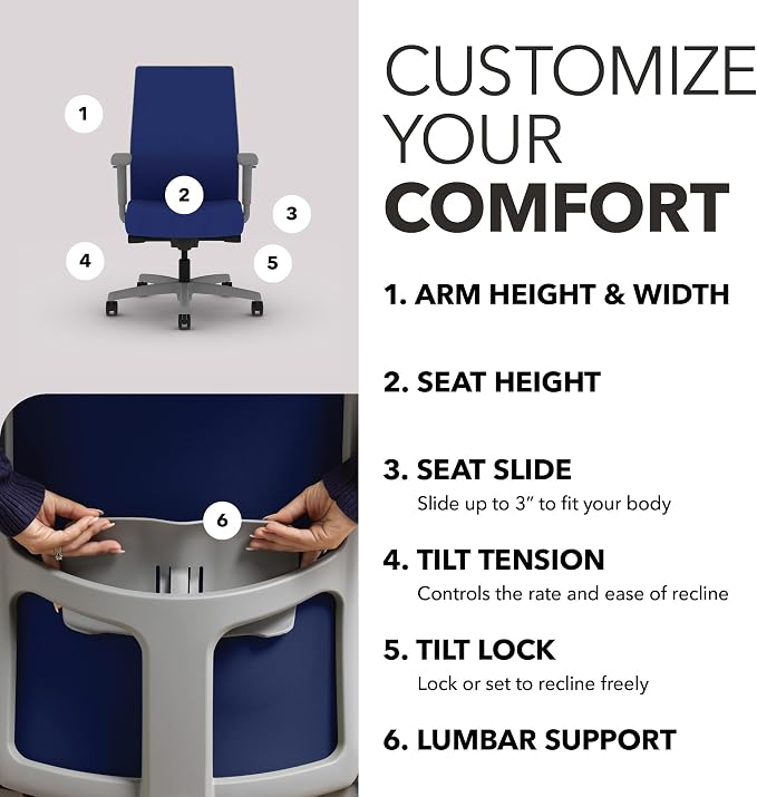 HON Ignition 2.0 Ergonomic Office Chair, Lumbar Support, Desk Chair, Cobalt