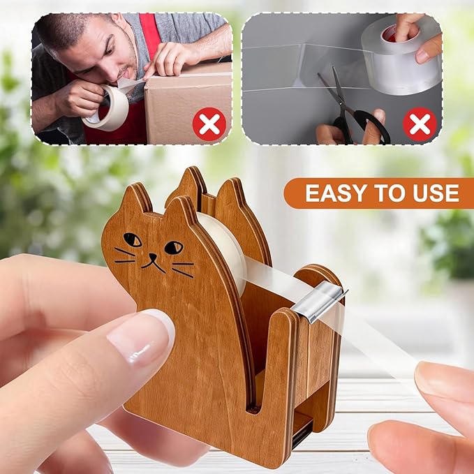 Wooden Tape Dispenser Desk - Cute Adorable Animal Design for Desk Organizing, 2-Pack Set Office & School Supplies (Black and Brown) (Cat)