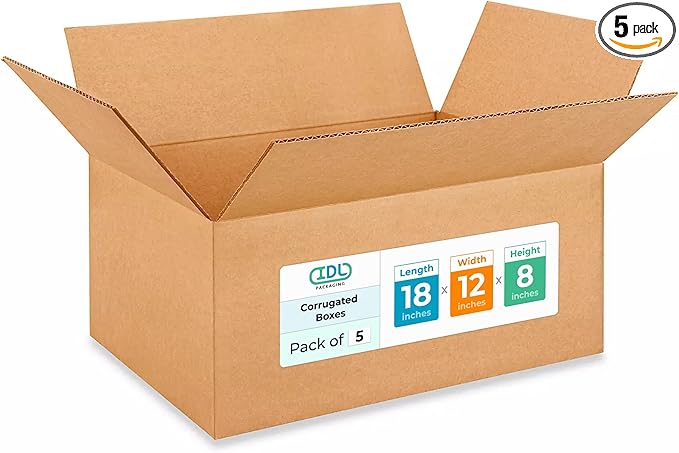 Medium Moving & Shipping Boxes 18 x 12 x 8 inches (5-Pack) - Extra Strength 200 lb vs Regular - USA-Made Corrugated Durable Cardboard Moving Boxes - Packaging & Moving Box Heavy Duty by IDL Packaging