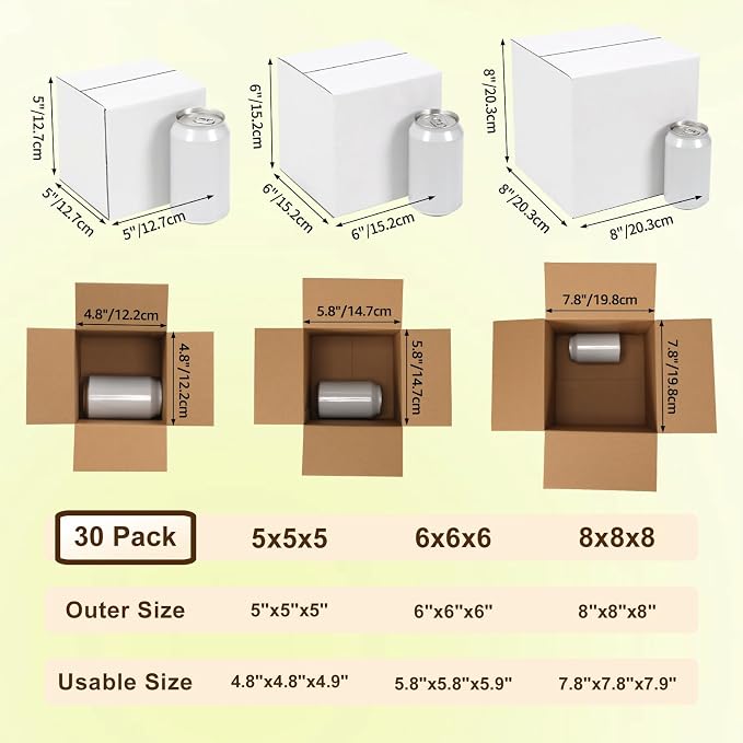 Assorted Shipping Boxes 8X8X8 & 6X6X6 & 5X5X5 Pack of 30, Small shipping box White, 10 PCS Each Corrugated Cardboard Box for Packaging Small Business, Mailing
